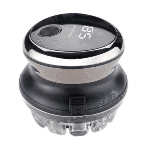 Cortadora de cabello eléctrica impermeable negra con pantalla digital que muestra el tiempo restante y diseño ergonómico.