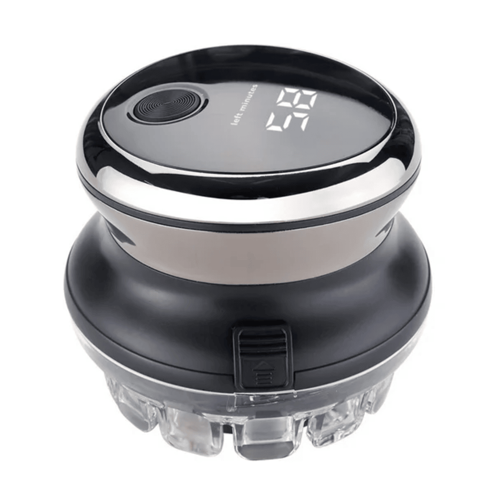 Cortadora de cabello eléctrica impermeable negra con pantalla digital que muestra el tiempo restante y diseño ergonómico.