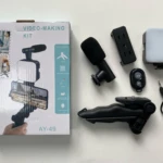 Kit de vídeo para smartphone: trípode, micrófono, luz LED y control remoto.