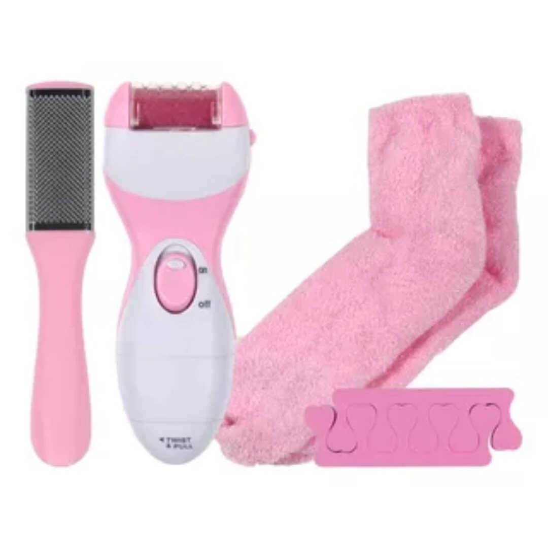 Kit de cuidado para pies en color rosa que incluye pulidor eléctrico, lima metálica manual, un par de calcetines de tela y separador de dedos de espuma.
