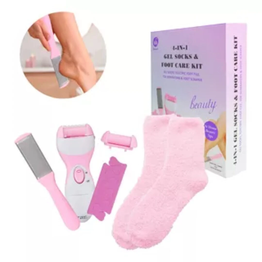 Kit de cuidado para pies 4 en 1 con pulidor eléctrico, rallador manual, rodillos de repuesto y calcetines hidratantes de felpa, todo en color rosa.