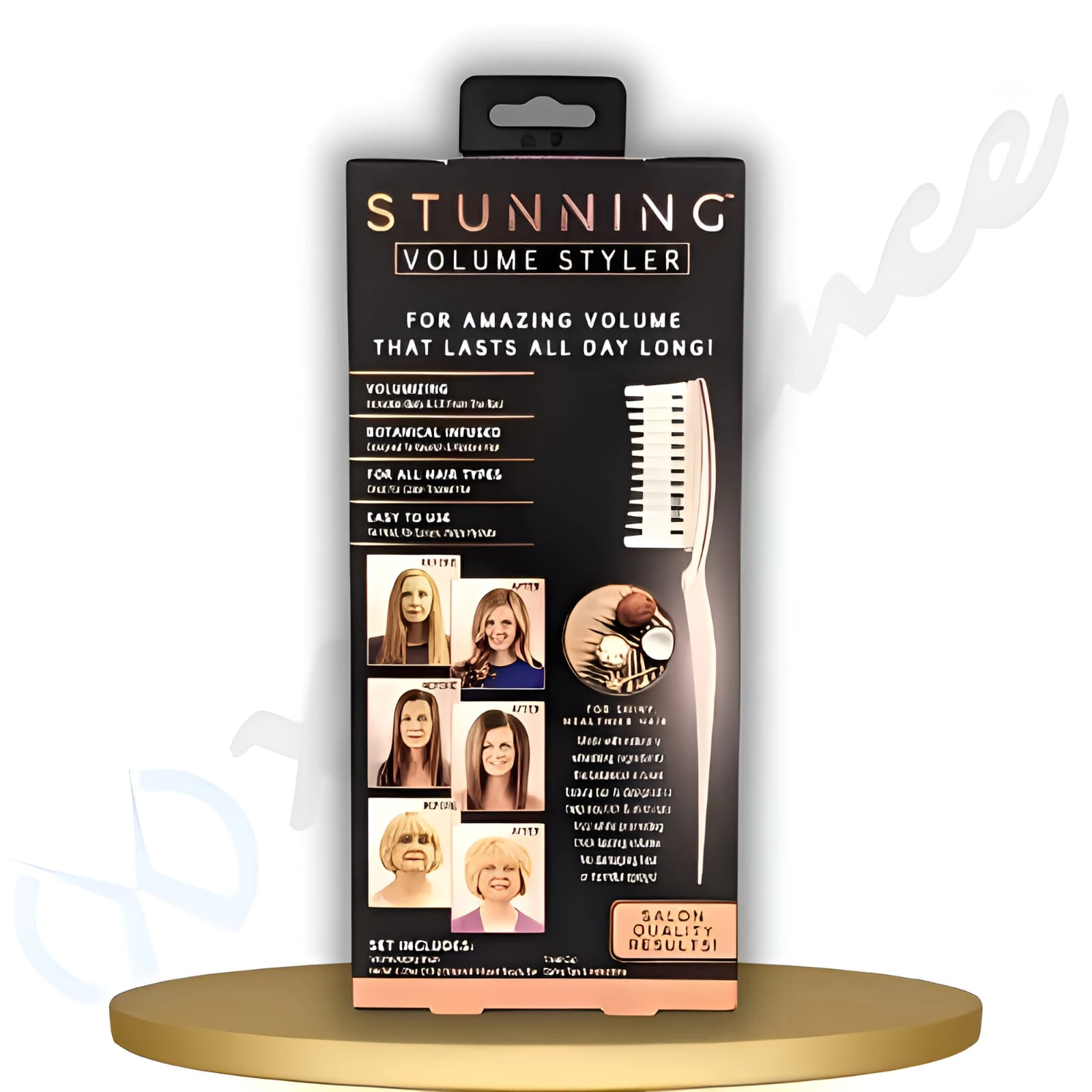 Empaque negro vertical de set x2 cepillos voluminizadores, exhibiendo el peine de dientes anchos, fotos de resultados antes y después, y sello de calidad.
