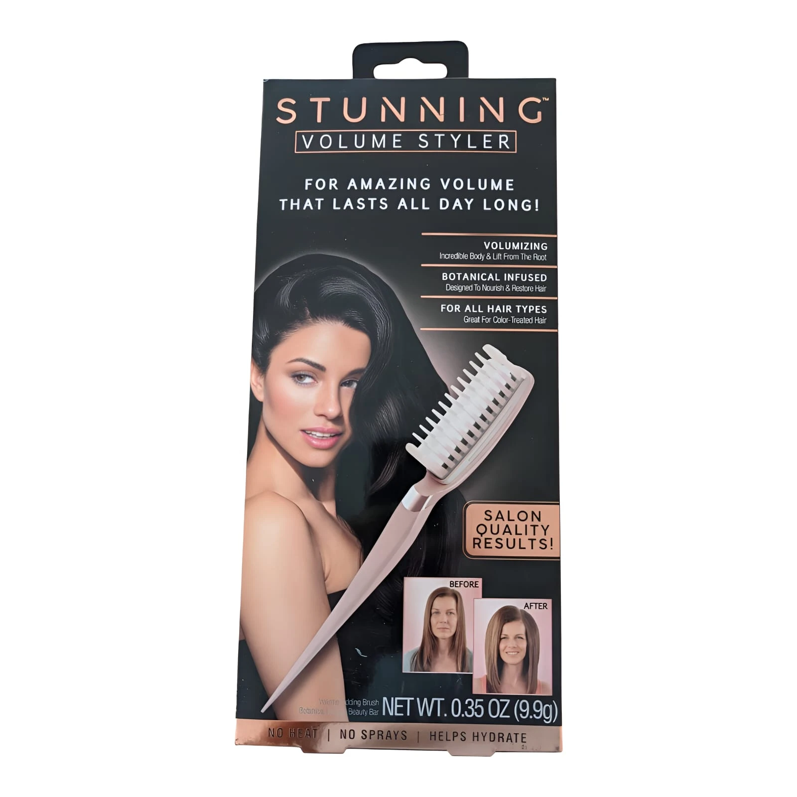 Empaque vertical de set x2 cepillos voluminizadores color crema, destaca uso en seco sin calor, con 9.9g, beneficio de volumen y modelo antes después.