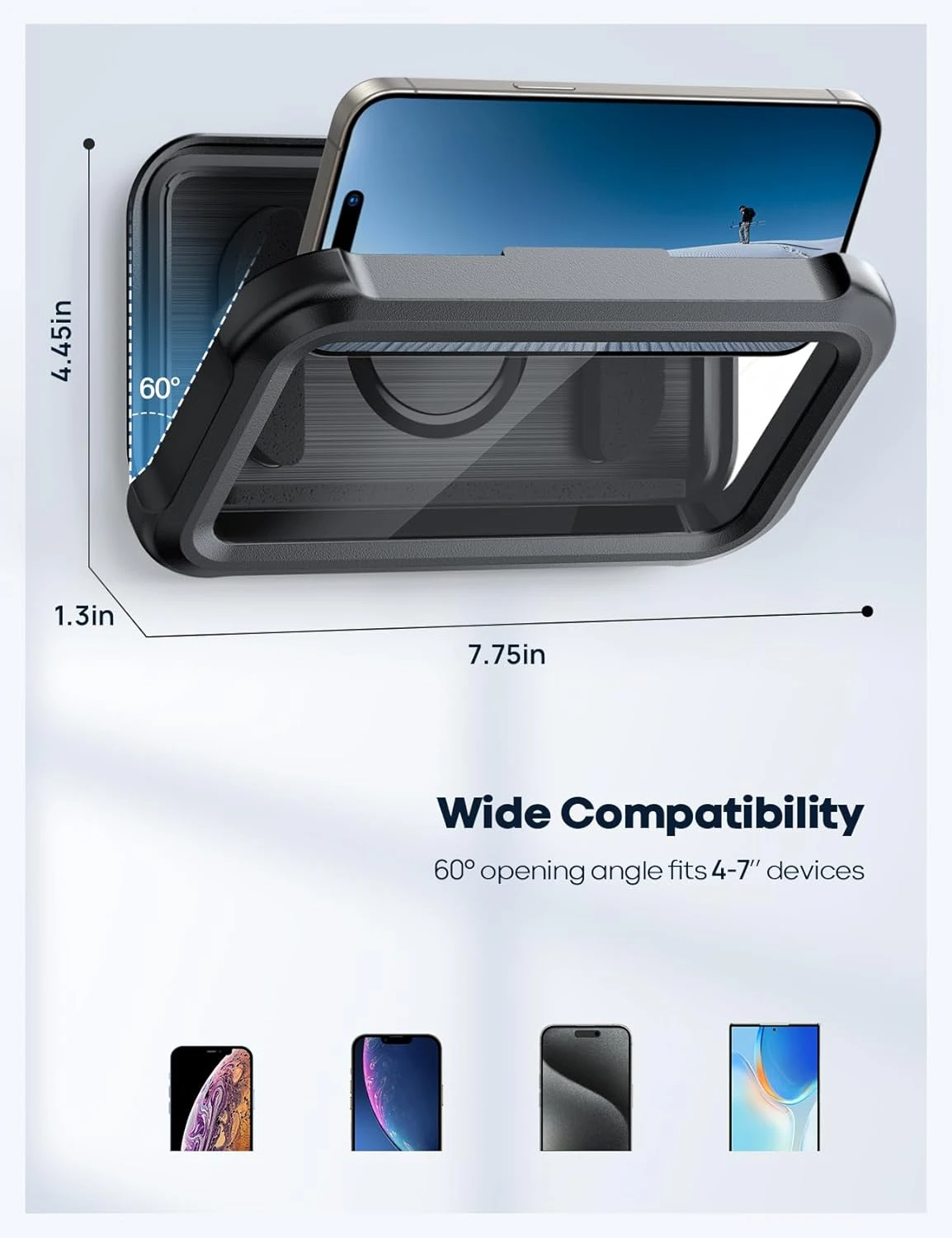 Soporte impermeable para ducha con ángulo de 60°, medidas 4.45x7.75x1.3in, compatible con celulares de 4-7".