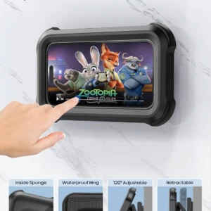 Soporte para celular impermeable para ducha con pantalla táctil sensible, ajuste de 120° y clip retráctil.