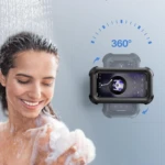 Soporte celular impermeable rotación 360 grados para ducha, con vista vertical y horizontal, ideal para disfrutar contenido.