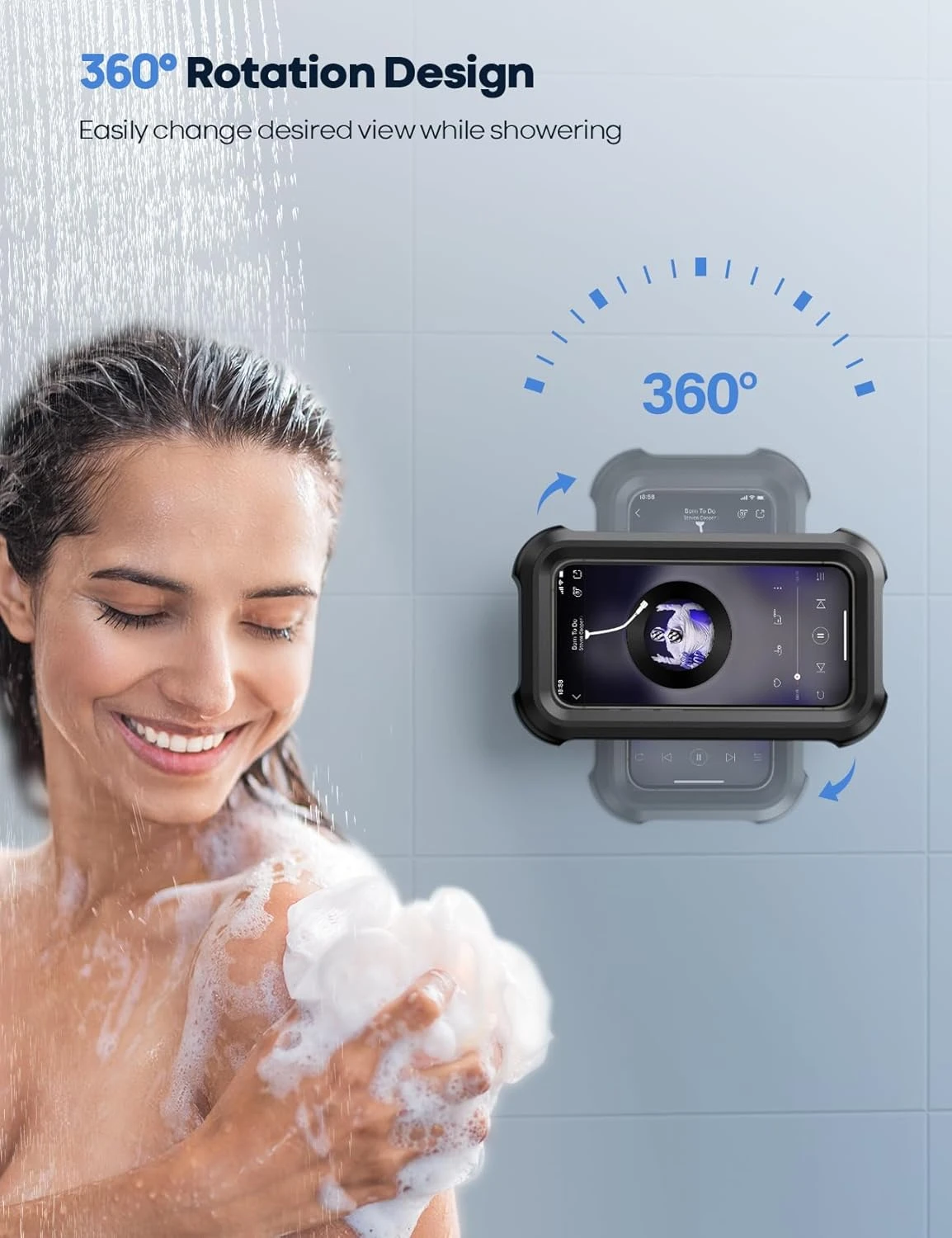 Soporte celular impermeable rotación 360 grados para ducha, con vista vertical y horizontal, ideal para disfrutar contenido.