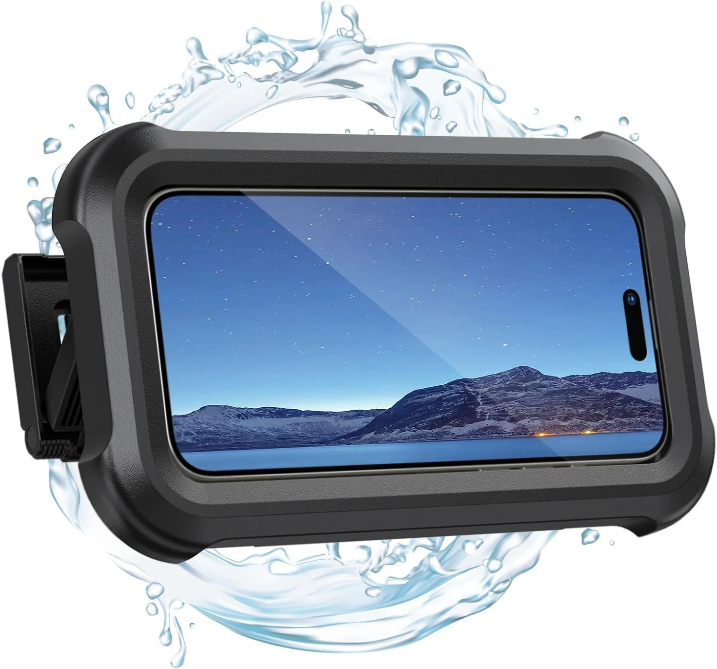 Soporte impermeable para celular en ducha, color negro, con pantalla visible y diseño antigoteo.