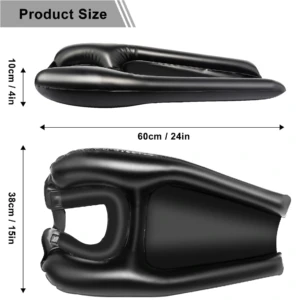 Lavacabezas inflable negro con diseño ergonómico para pacientes encamados, medidas de 60x38x10 cm, vista frontal y lateral con dimensiones detalladas.