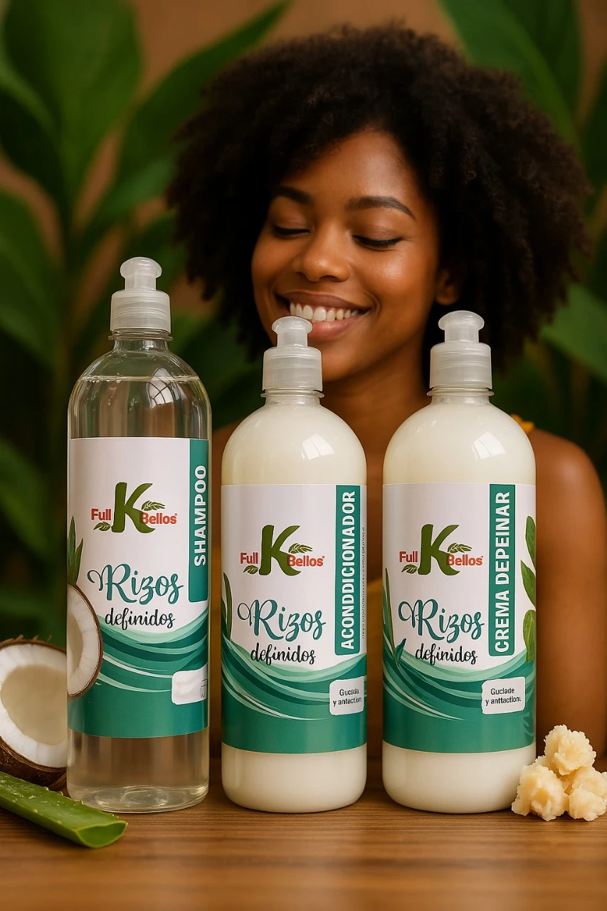 Set de tres productos Full Bellos para rizos definidos: shampoo transparente, acondicionador y crema de peinar, junto a trozos de coco y aloe vera.