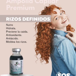 Ampolla capilar Premium Rizos Definidos sobre base blanca junto a mujer pelirroja de cabello rizado; el producto nutre, hidrata y define los rizos.