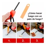 Kit para hacer fuego con palo y rascador naranja. Demostración paso a paso: chispas, llama y encendido.