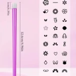 Sello para uñas de silicona color morado, 12.6 cm de largo, acompañado de una guía con 24 diseños estampables para manicura profesional en casa.