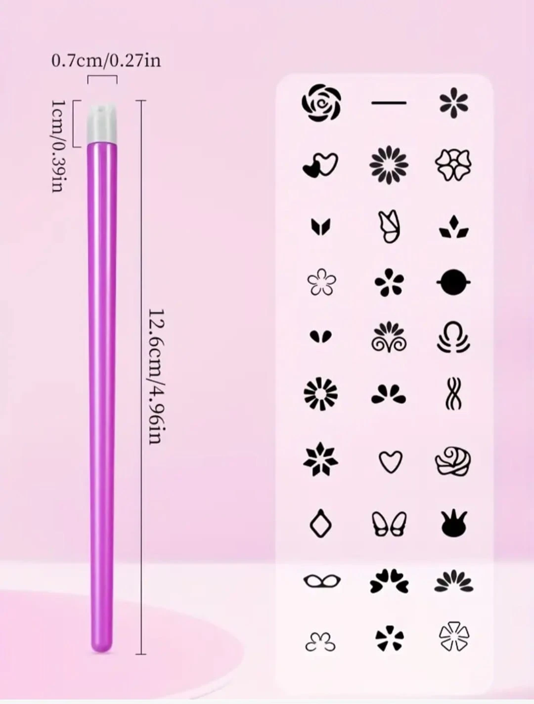 Sello para uñas de silicona color morado, 12.6 cm de largo, acompañado de una guía con 24 diseños estampables para manicura profesional en casa.