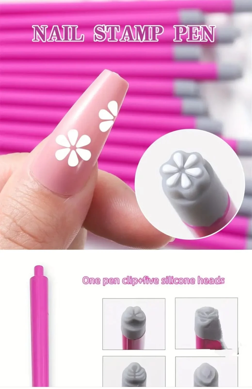 Set de sellos para uñas con mango rosa y cinco cabezales de silicona flexible. Muestra una uña decorada con una flor blanca y el aplicador en uso.