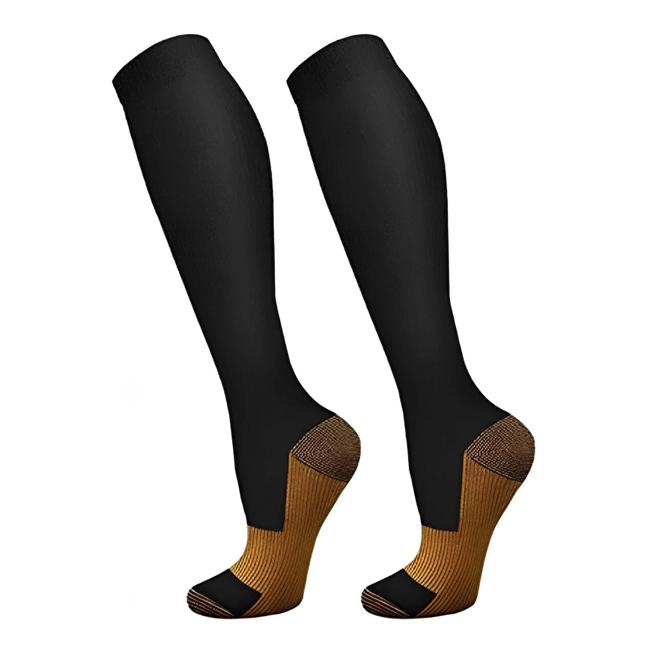Medias de compresión negras hasta la rodilla con talón y puntera en tejido cobre.