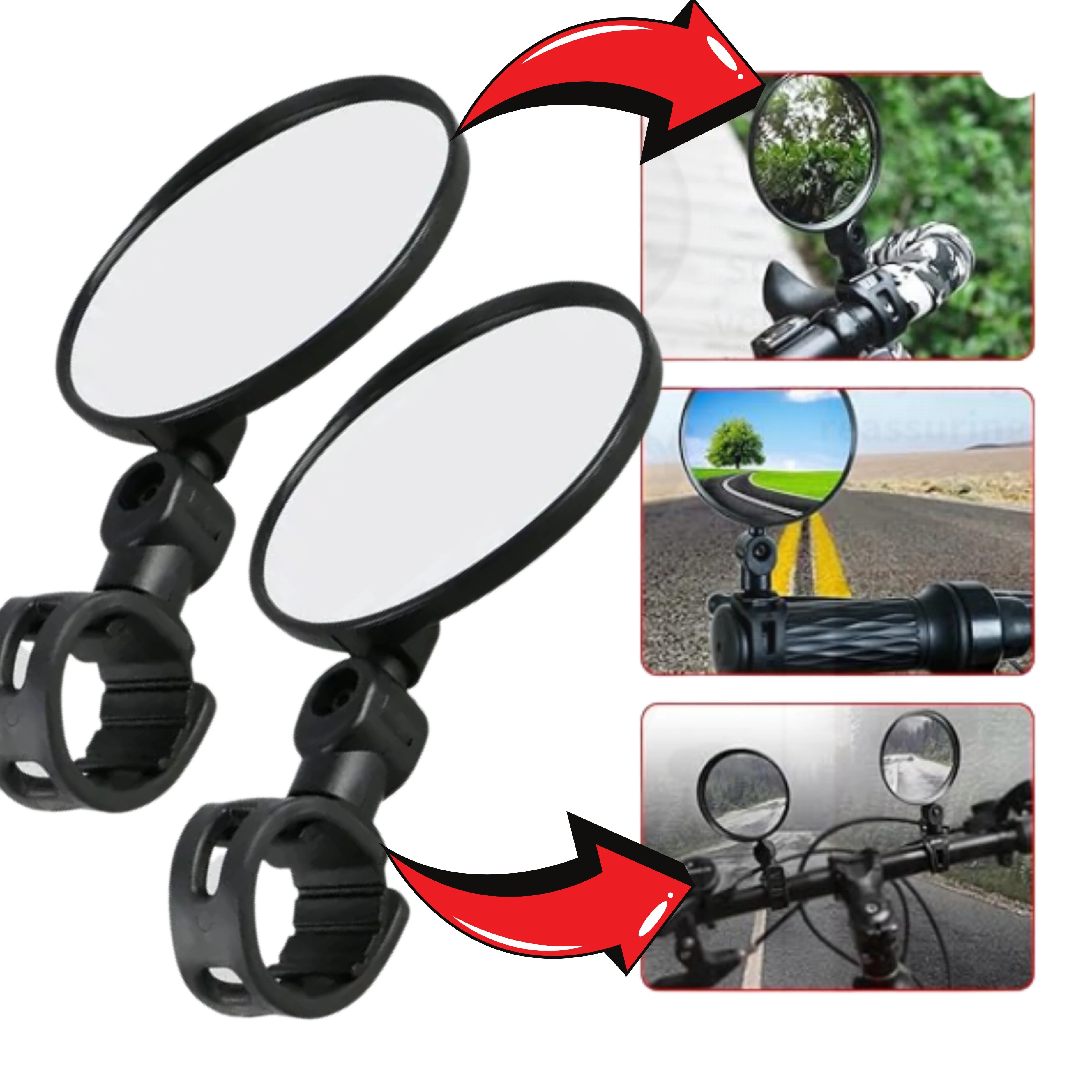 Set x2 espejos redondos negros para moto o bici, con sujeción a manillar.