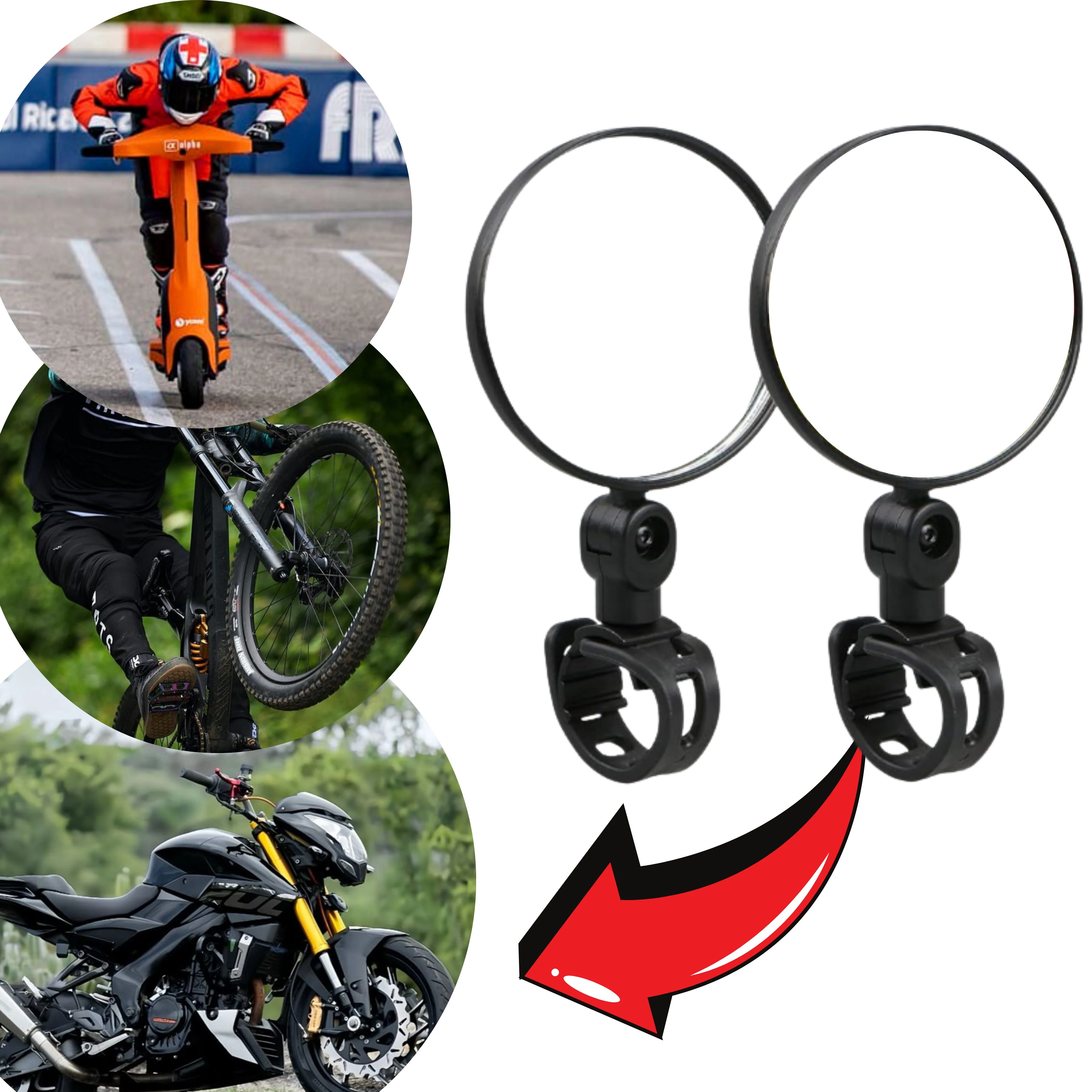 Set x2 espejos redondos negros para moto o bici, diseño fantasmal con base ajustable.