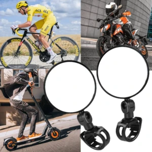Set x2 espejos fantasmas redondos negros para moto y bici, con soporte ajustable.