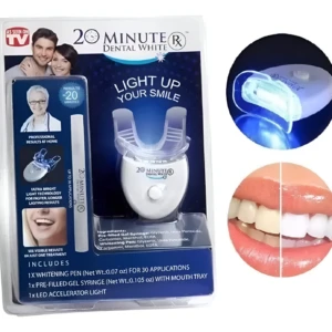 Kit de blanqueamiento dental 20 Minute Dental White con luz LED, bandeja bucal, pluma y jeringa de gel para tratamientos en casa, empaque en blíster azul.