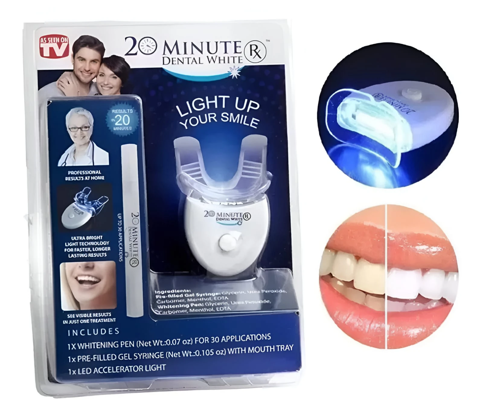 Kit de blanqueamiento dental 20 Minute Dental White con luz LED, bandeja bucal, pluma y jeringa de gel para tratamientos en casa, empaque en blíster azul.