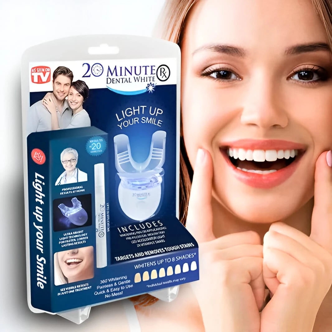 Kit de blanqueamiento dental 20 Minute Dental White con luz LED, molde bucal, gel y guía de tonos en empaque promocional junto a mujer sonriente.