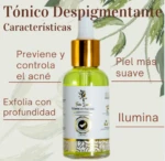 Tónico despigmentante Toda Linda en frasco de vidrio de 30 ml con tapa dorada, diseñado para exfoliar, iluminar, suavizar la piel y controlar el acné.