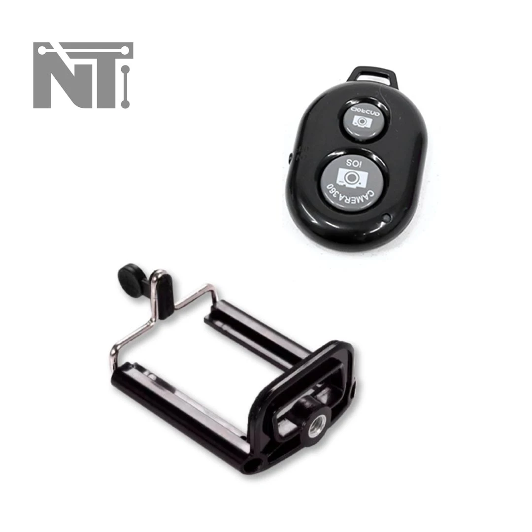 Soporte para celular y control remoto Bluetooth para cámara, ambos en fondo blanco.