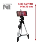 Trípode para celular plateado y negro con medidor de altura máximo 1.07Mts, mínimo 39cm.