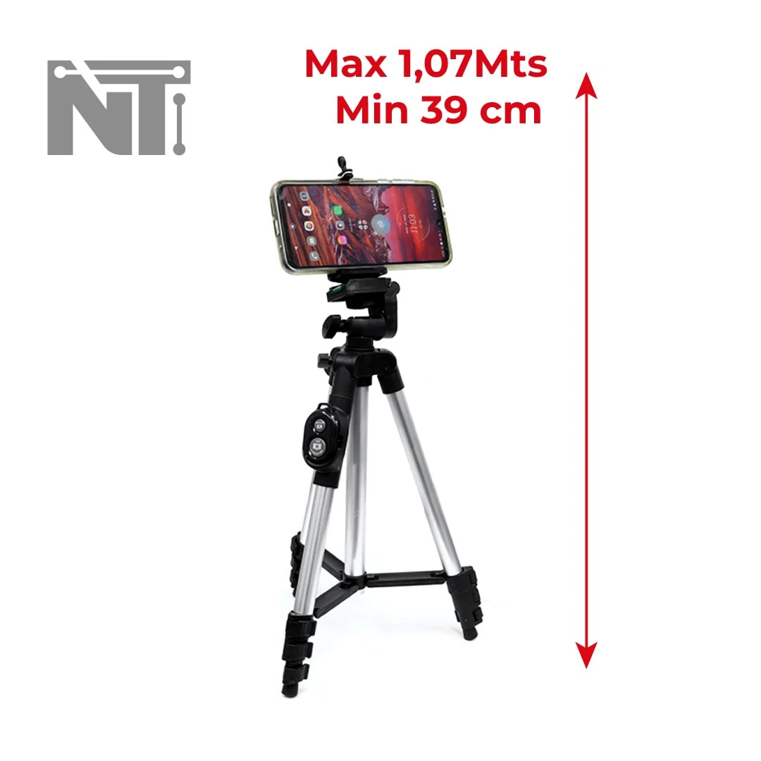 Trípode para celular plateado y negro con medidor de altura máximo 1.07Mts, mínimo 39cm.
