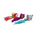 Set de tres muñecas tipo mascota con cabello largo y colorido, que incluye figuras con pelo de tonos neón, morado y azul sobre fondo blanco.