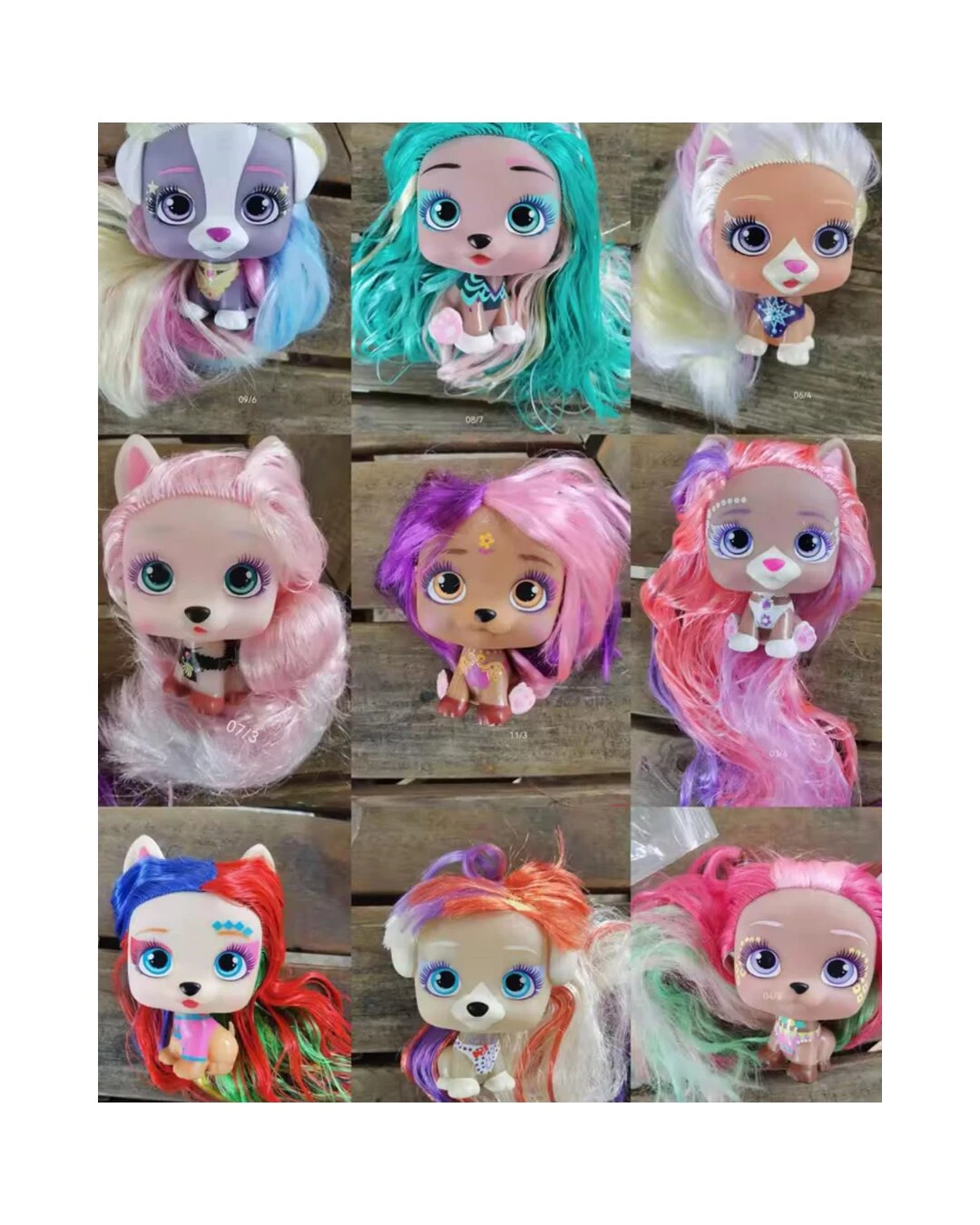 Set de nueve figuras de mascotas VIP con cabello largo y colorido, organizadas en cuadrícula sobre una base de madera, exhibiendo distintos estilos.