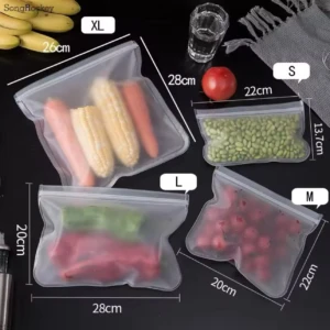 Set 5 bolsas ziploc silicona reutilizables para alimentos. Tamaños XL, L, M, S. Muestran maíz, zanahorias, frijoles, fresas.