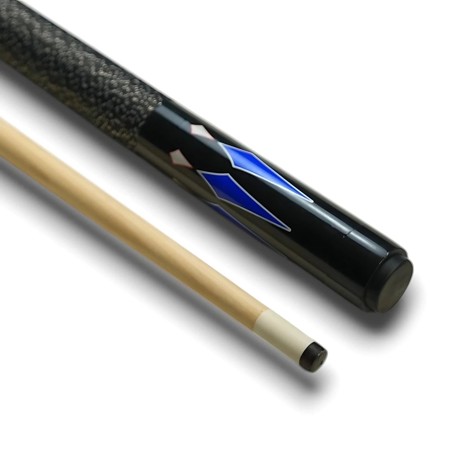 Taco de billar negro con diseño de estrellas azules y punta de madera clara.