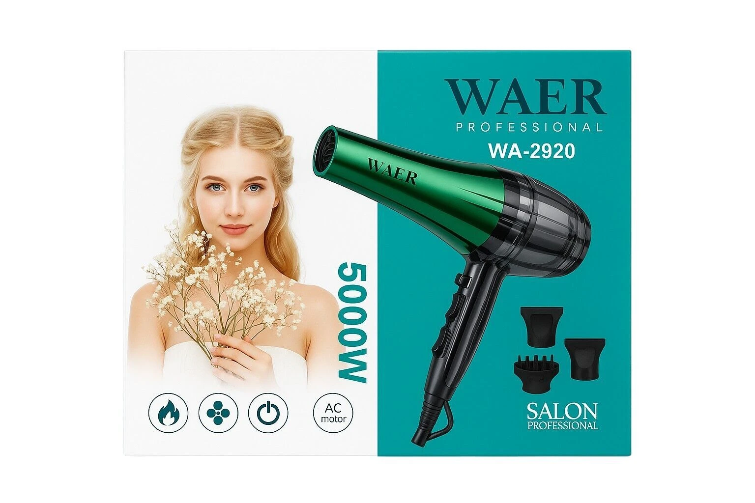 Secador de cabello profesional WAER WA-2920 verde de 5000W con motor AC, incluye dos boquillas concentradoras y un difusor sobre caja con modelo.