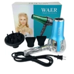 Secador de cabello profesional azul y transparente con motor AC, incluye difusor, dos boquillas concentradoras, cable y caja de empaque con modelo.