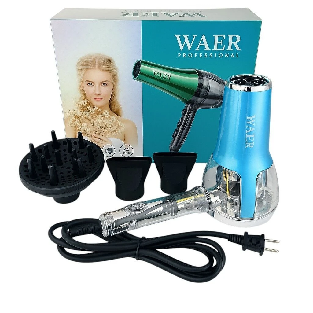Secador de cabello profesional azul y transparente con motor AC, incluye difusor, dos boquillas concentradoras, cable y caja de empaque con modelo.