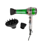 Secador de cabello profesional transparente con motor verde y cable, incluye boquilla concentradora y difusor de aire sobre fondo blanco.