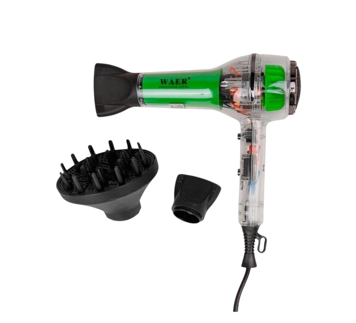 Secador de cabello profesional transparente con motor verde y cable, incluye boquilla concentradora y difusor de aire sobre fondo blanco.
