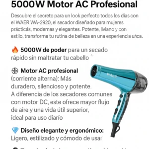 Secador de cabello profesional WAER color azul cian brillante con motor AC de 5000W, diseño ergonómico y boquilla concentradora para un secado eficiente.
