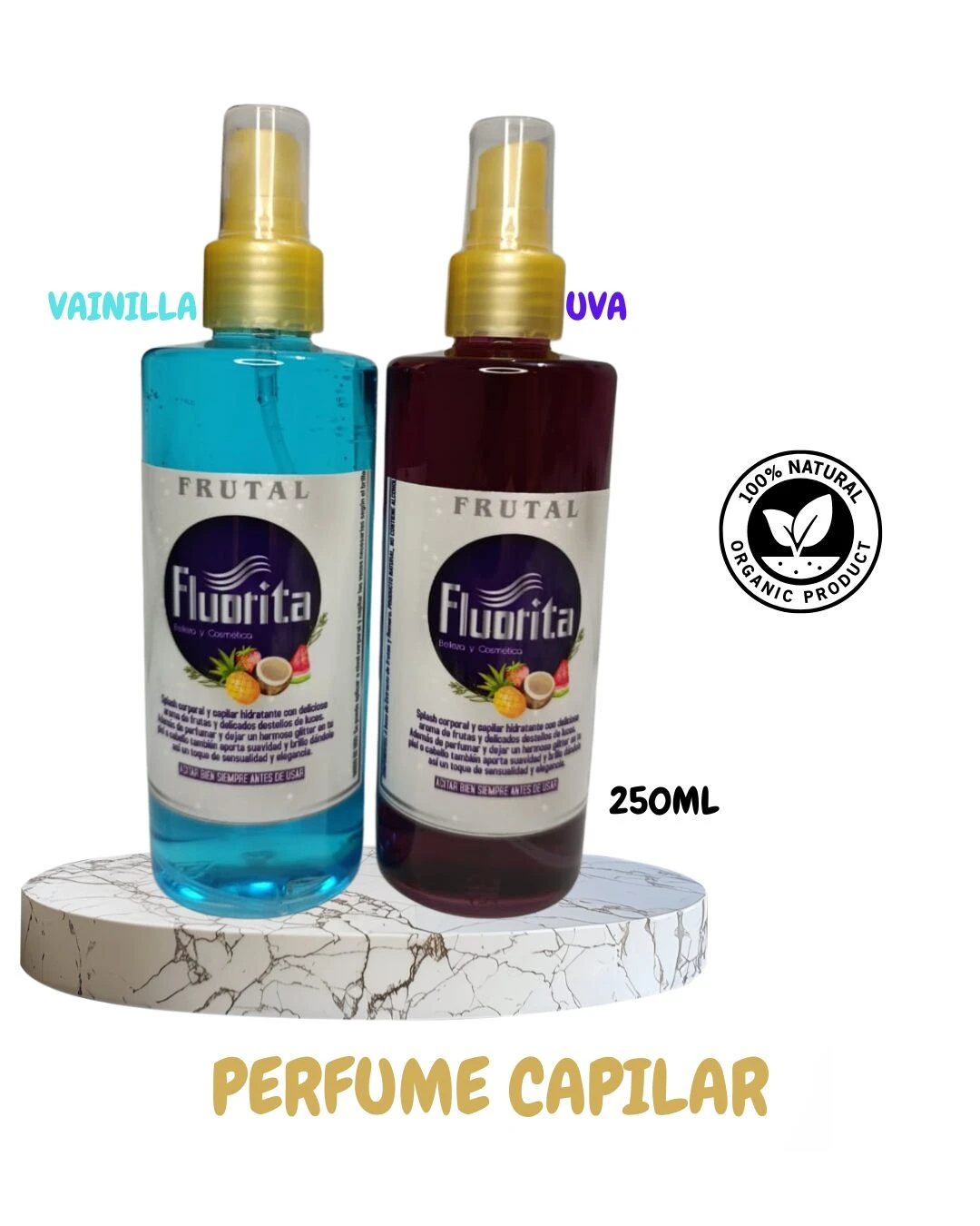 Perfume capilar Fluorita UVA y Vainilla en envase de 250ml.