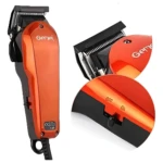 Cortadora de pelo profesional Gemei color naranja brillante con cable, detalle de cuchillas y botón de encendido en primer plano para cortes precisos.