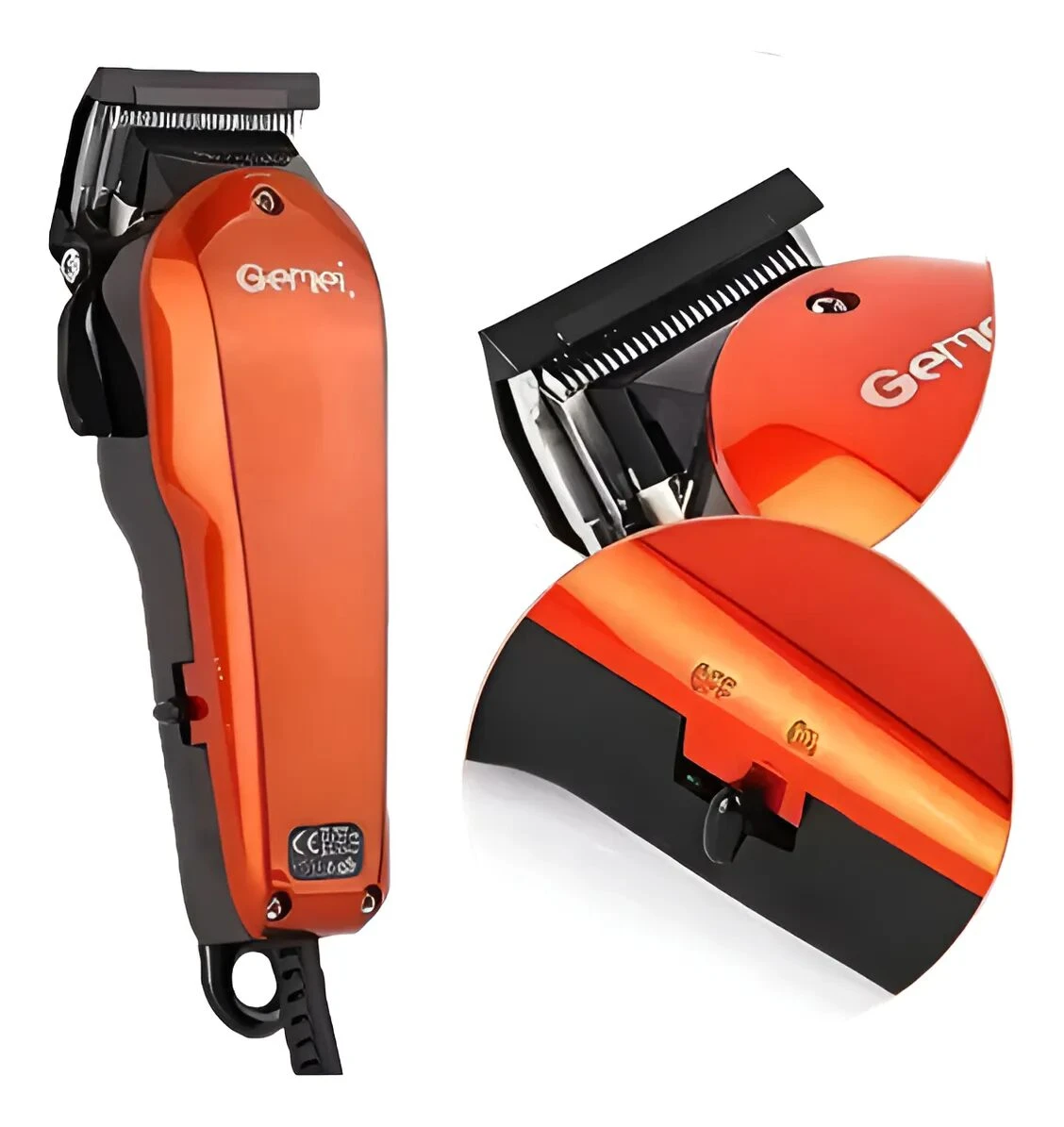Cortadora de pelo profesional Gemei color naranja brillante con cable, detalle de cuchillas y botón de encendido en primer plano para cortes precisos.