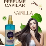 Perfume capilar Frutal Fluorita vainilla, splash hidratante con aroma frutal, envase azul, modelo para cabello.