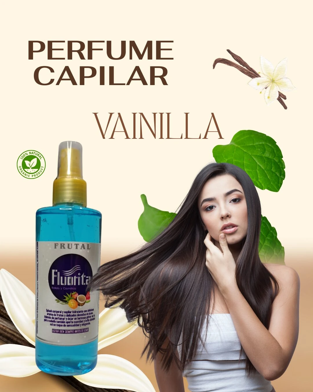 Perfume capilar Frutal Fluorita vainilla, splash hidratante con aroma frutal, envase azul, modelo para cabello.