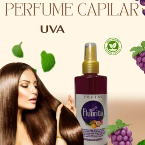 Perfume capilar UVa de Frutal Fluorita, en botella púrpura con atomizador, ideal para cabello.