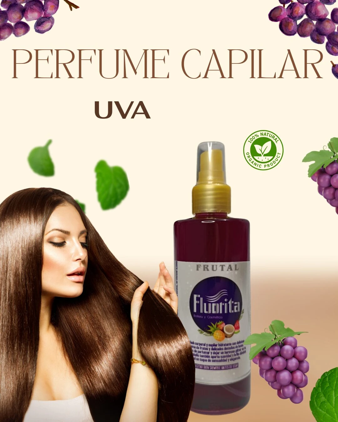 Perfume capilar UVa de Frutal Fluorita, en botella púrpura con atomizador, ideal para cabello.