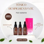Tres frascos de vidrio ámbar con gotero y una caja rosa de tónico despigmentante Onix de 30 ml sobre base blanca, ideal para aclarar la piel.