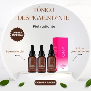 Tres frascos de vidrio ámbar con gotero y una caja rosa de tónico despigmentante Onix de 30 ml sobre base blanca, ideal para aclarar la piel.