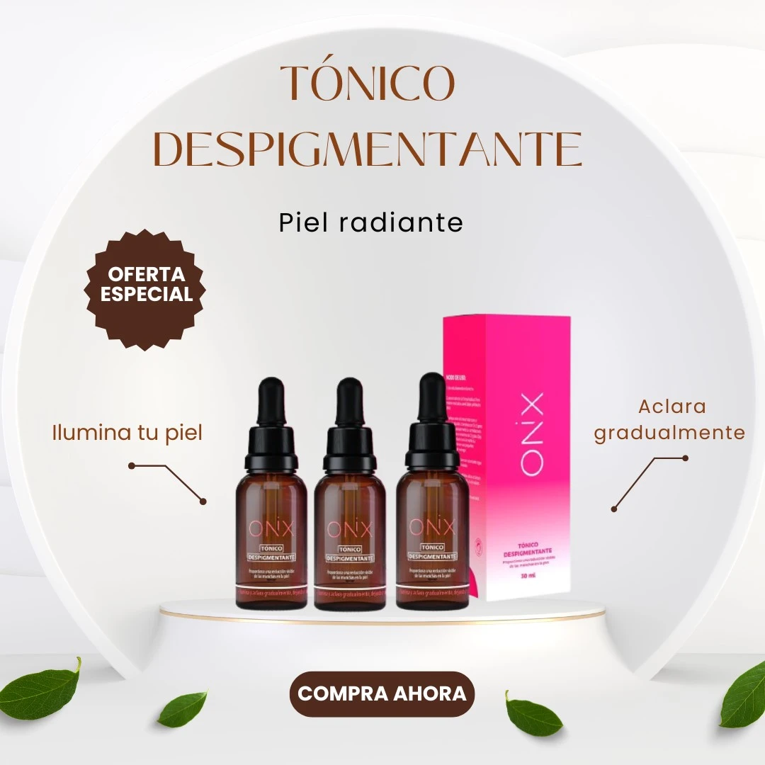 Tres frascos de vidrio ámbar con gotero y una caja rosa de tónico despigmentante Onix de 30 ml sobre base blanca, ideal para aclarar la piel.